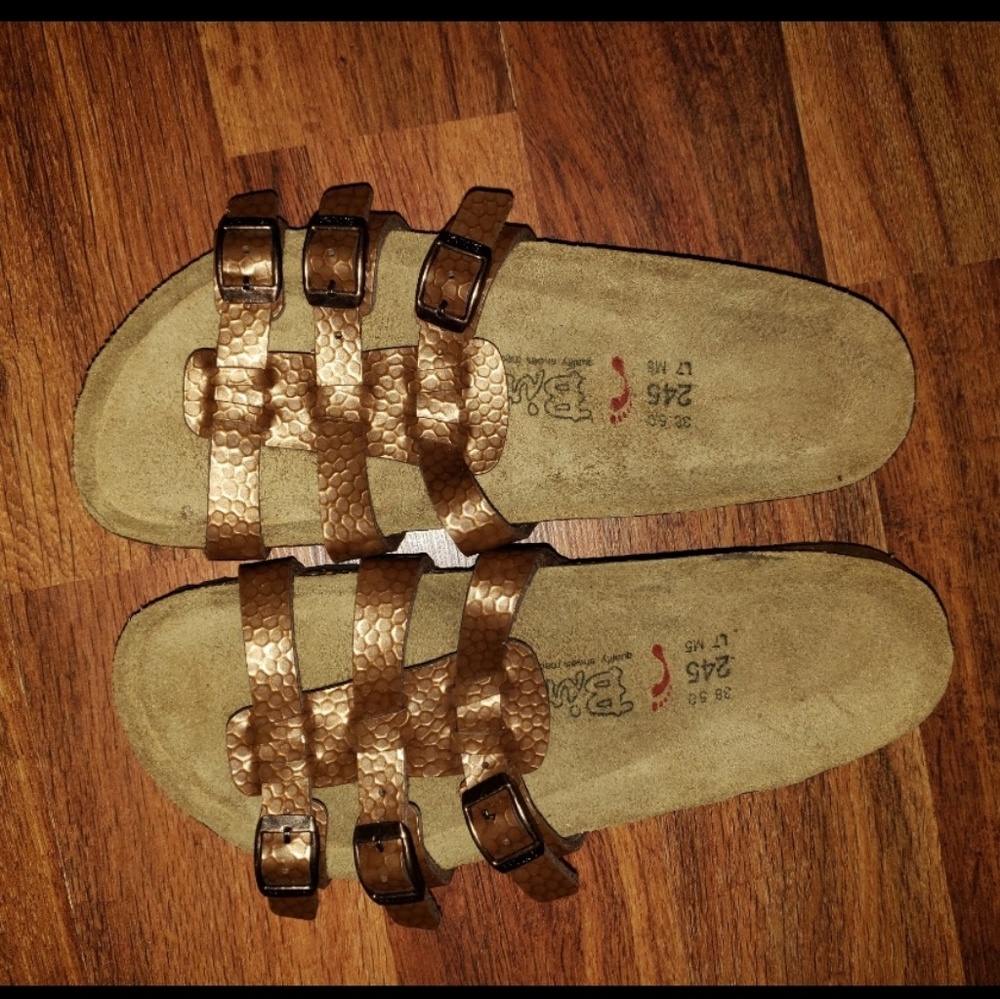 Birkenstock Birkies with bronze straps